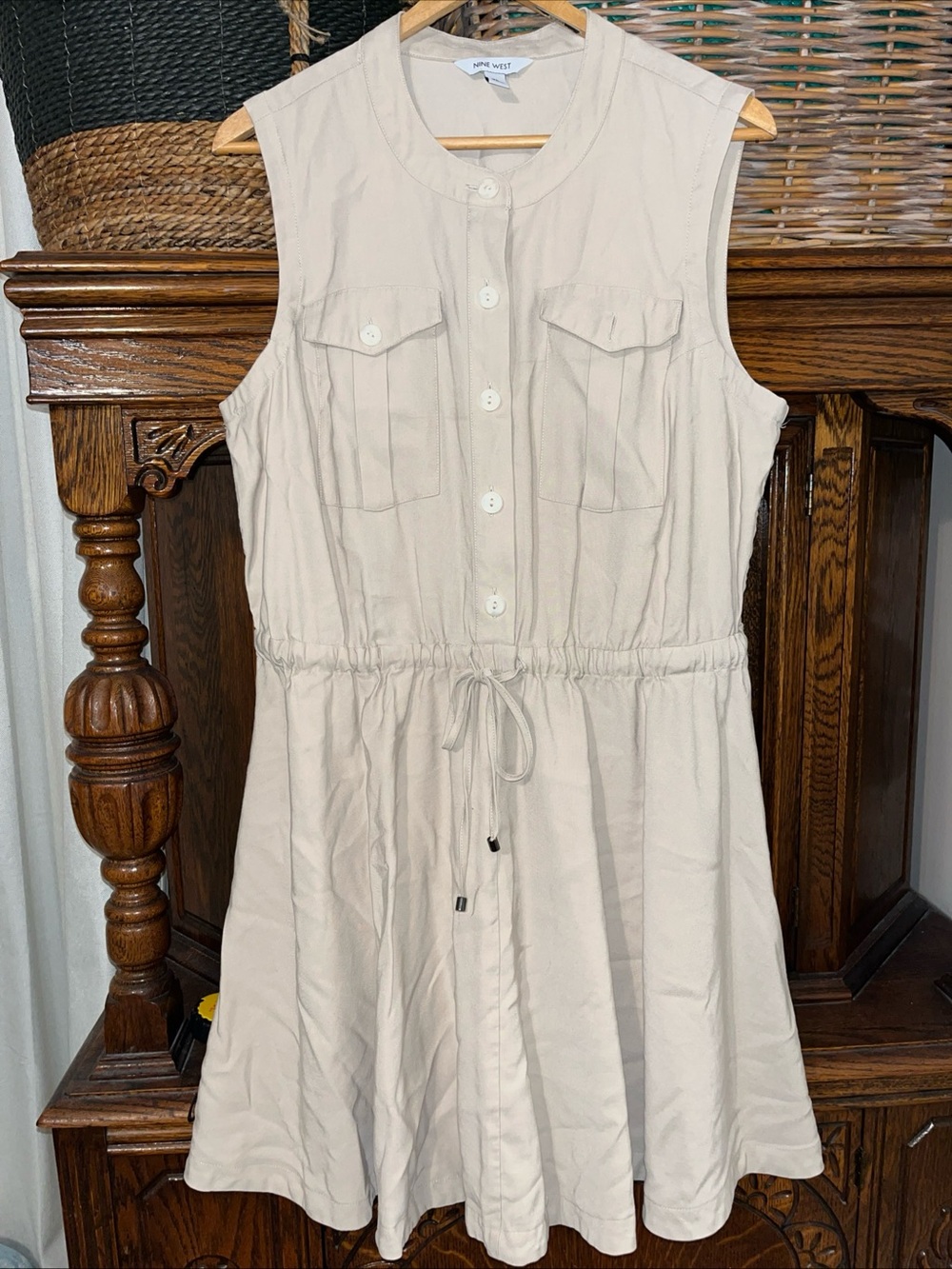 Nine West Sleeveless Drawstring Shirt Dress in Light Beige